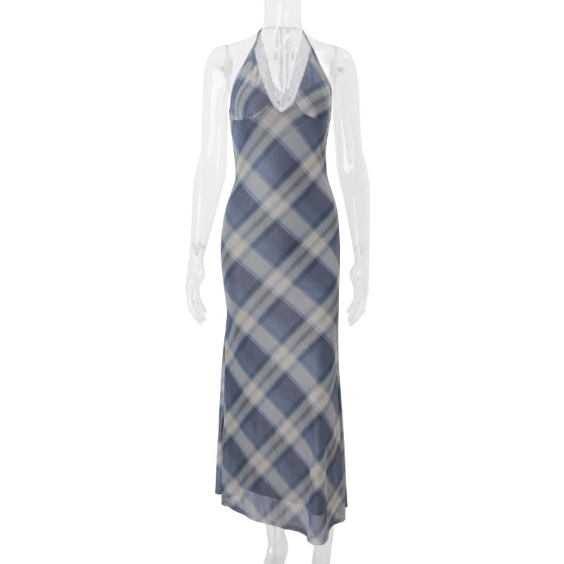 Aiertu  Plaid Print Elegant Vintage Lace Edge V-neck Sexy Halter Backless Bodycon Maxi Dress Summer New Evening Women Vestidos Aiertu