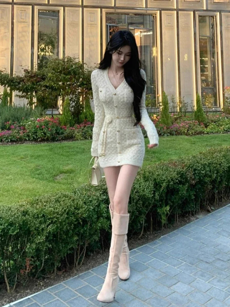 Aiertu DRESS TO IMPRESS French Elegant Slim Knitted Dress Short Party One Piece Dress Korean Fashion Winter Sexy Bodycon Y2k Mini Dress Woman Chic Aiertu