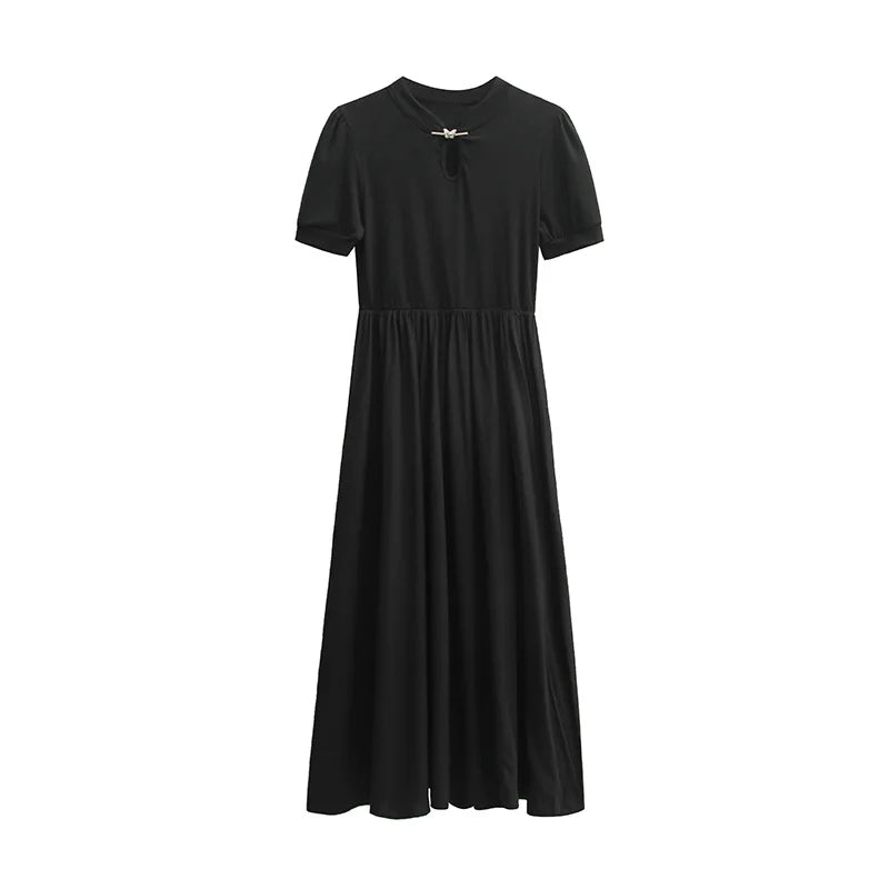 Aiertu  Slimming High Waist Pure Color Butterfly Buckle Small Stand Collar Summer New Style Traditional Chinese Fashion Dress Aiertu