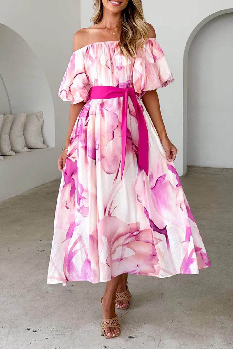 Aiertu  -Elegant Floral Print Lace Up Off Shoulder A Line Dresses aiertu