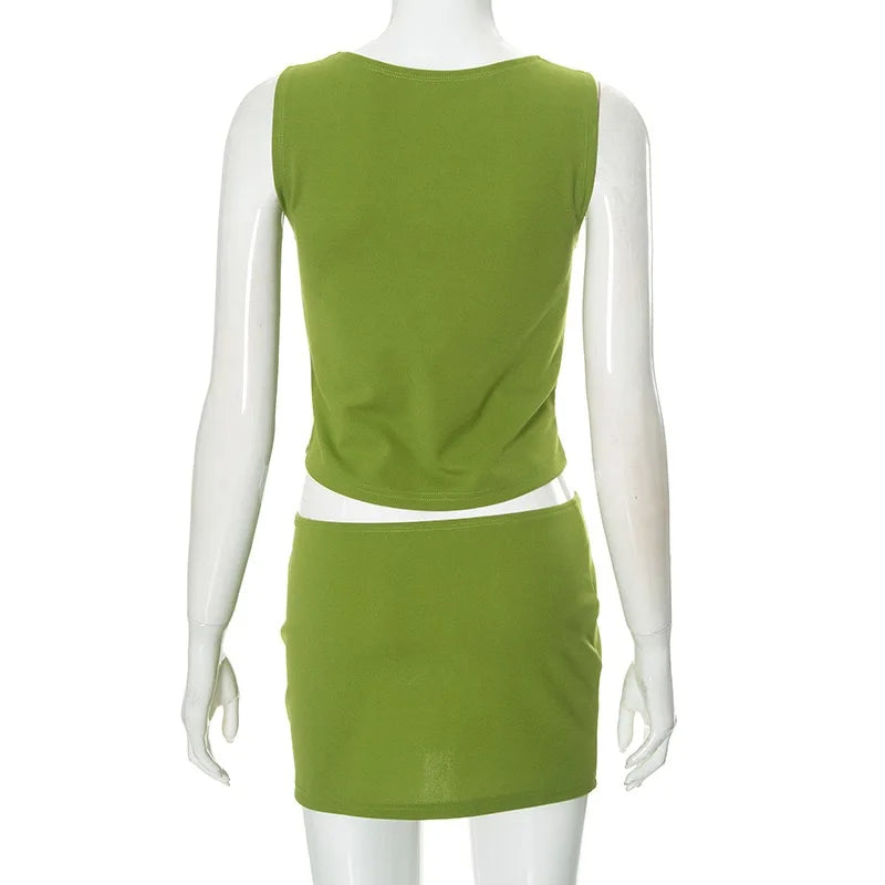 Aiertu  -  Round Neck Sleeveless Green Buttons Crop Top Mini Hip Skirt Summer Urban Leisure Sweet Flirtation Chic Two Pieces Set Aiertu
