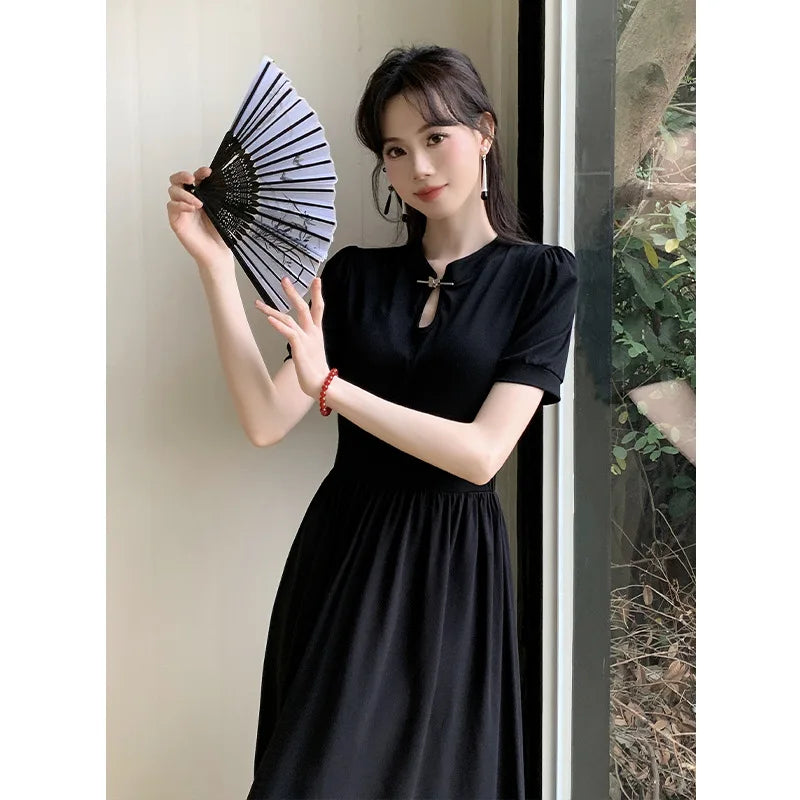 Aiertu  Slimming High Waist Pure Color Butterfly Buckle Small Stand Collar Summer New Style Traditional Chinese Fashion Dress Aiertu