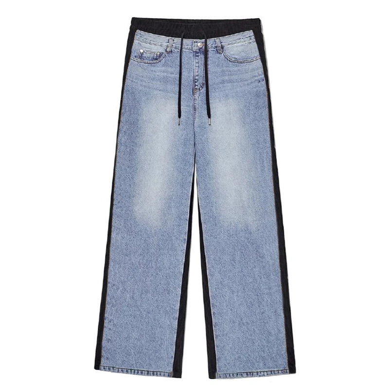 Aiertu  -  Retro Patchwork Knit Baggy Jeans Women Whiskers Straight Drawstring High Rise Wide Leg Denim Pants Grunge Streetwear Aiertu