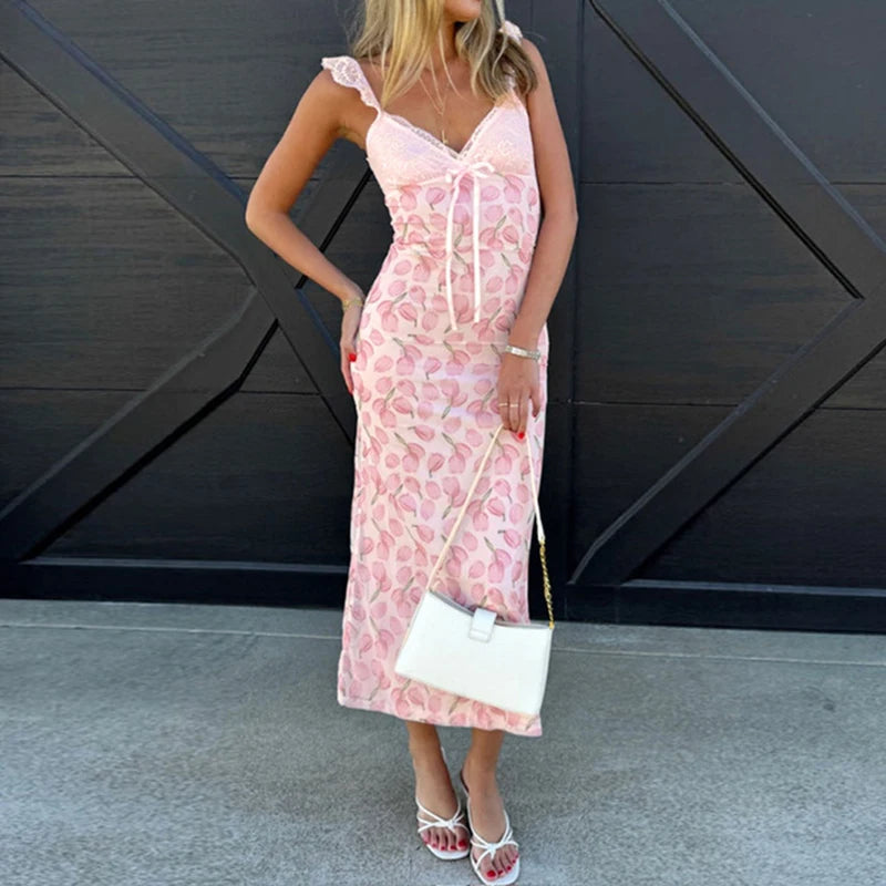 Aiertu  -  Sweet Sexy V Neck Floral Print Long Dress Female Casual Streetwear Backless Dresses Lace Patchwork High Waist Summer Party Dress Aiertu