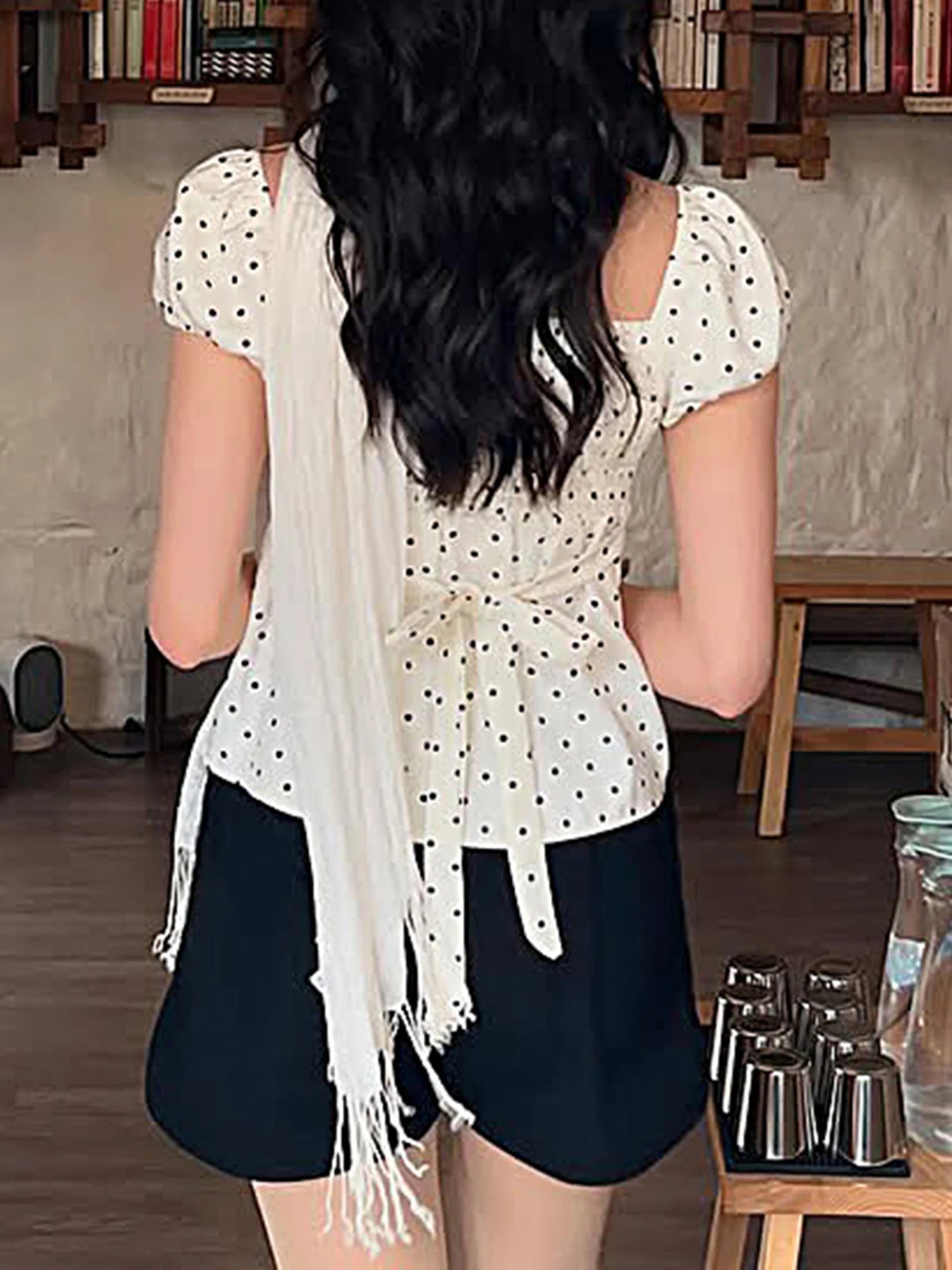 Aiertu  -  Simple Polka Dot Print Square Neck Women T-Shirts Slim Fit Ruffles Fashion Sweet Casual Design Blouses Aiertu