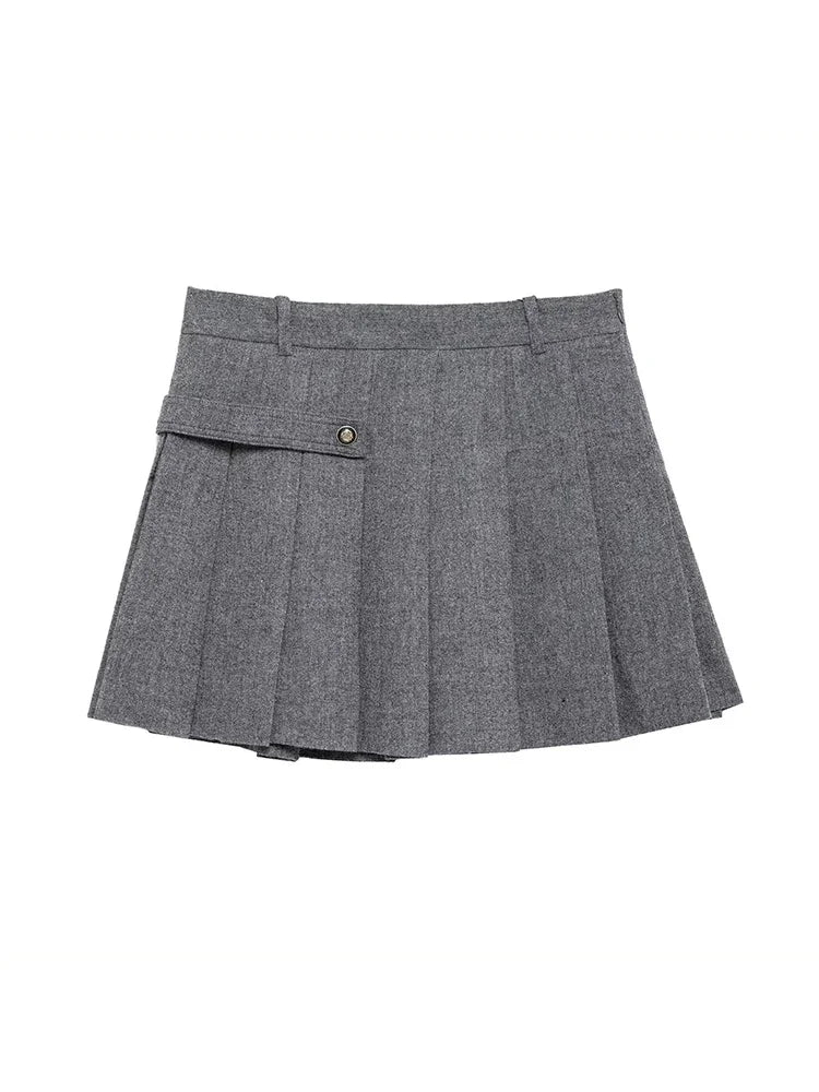 Aiertu  Women Fashion Grey Pleated Side Zipper Mini Skirt Vintage High Waist A-Line Female Chic Lady Skirts Aiertu