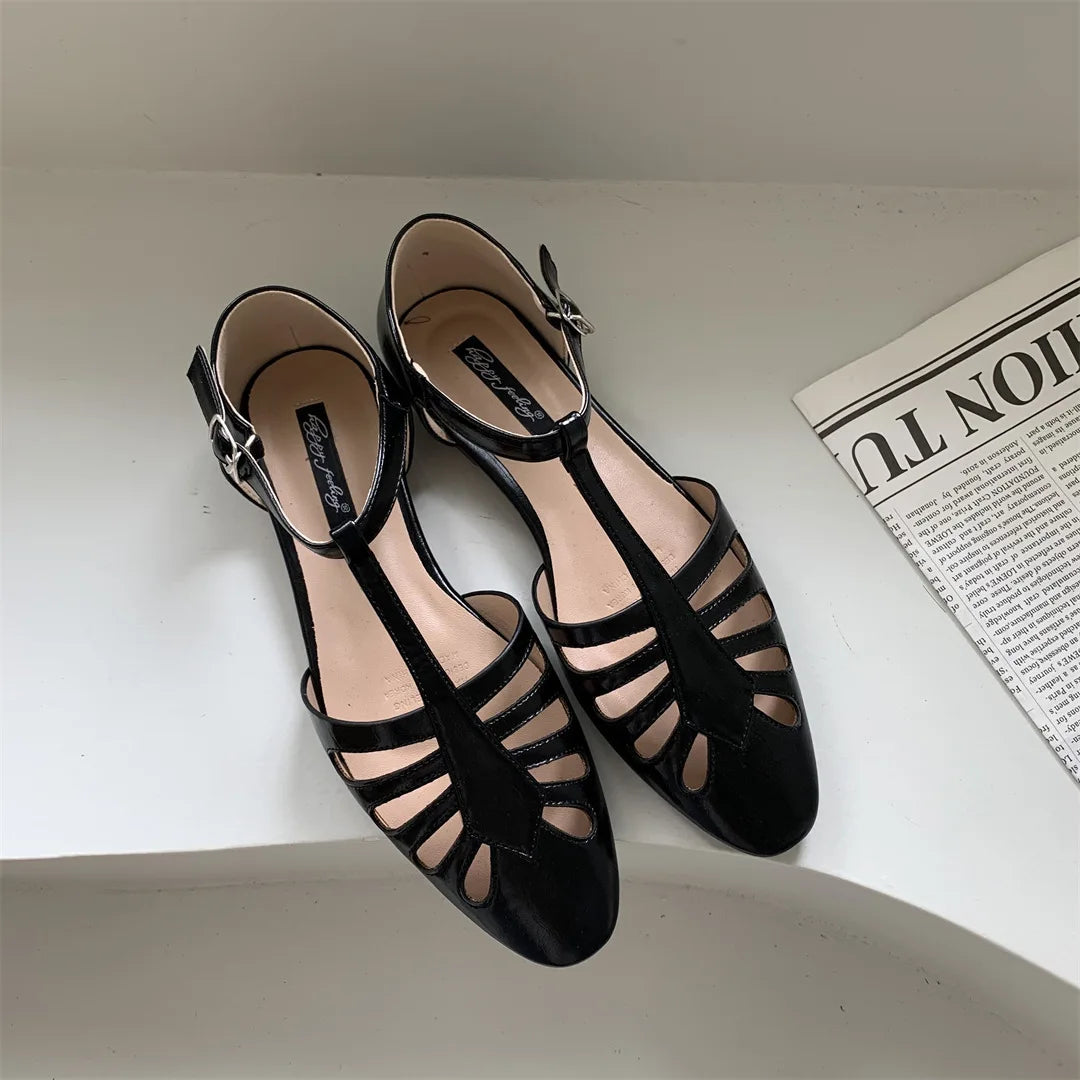 Aiertu  -   T-strap Rome Flat Sandals Women Hollow Out Vintage Summer Mary Janes Shoes Ladies Pu Leather Holiday Elegant Gladiator Sandals Aiertu