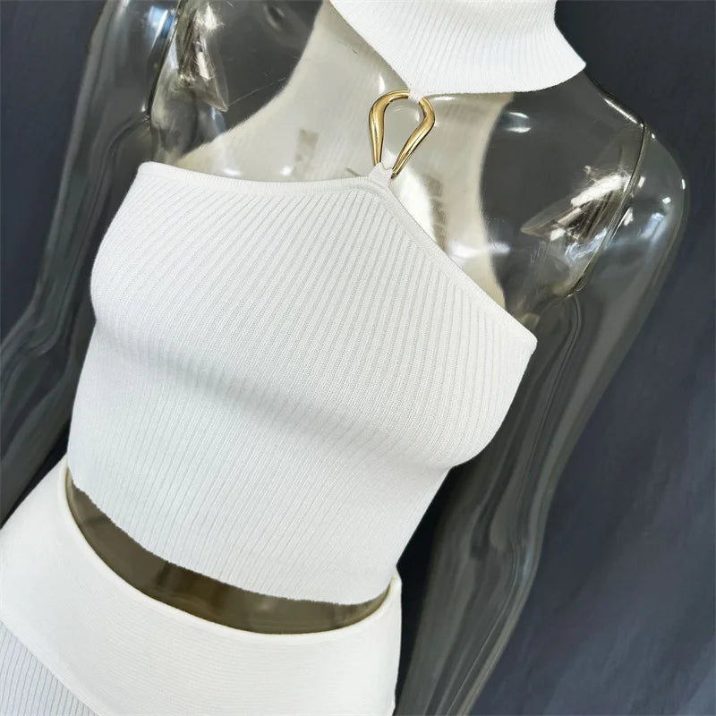 Aiertu  -  Fashion Knit Skirt Matching Set Two Piece Sets Women Halter Off-shoulder Tank Top And Mini Skirt Female Sexy Dress Set Aiertu