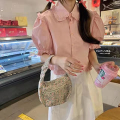 Aiertu Sweet Cute White Shirt Women Pink Ruffles Puff Sleeve Blouse Student Summer Kawaii Preppy Japanese Loose Casual Crop Tops Aiertu