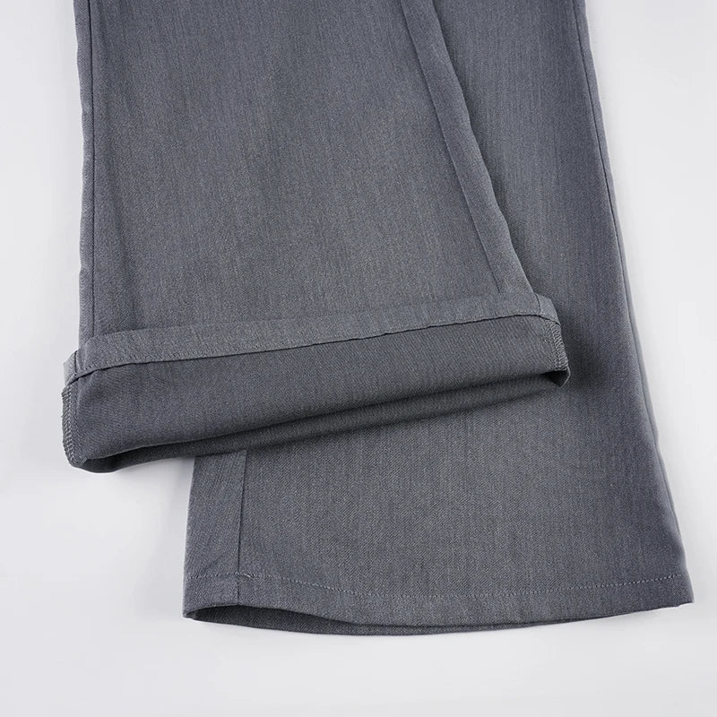 Aiertu  -  Ladies Casual Grey Flared Pants Chic Leather Striped Patchwork Low Rise Casual Pants Streetwear y2k Trouser Korean Style Aiertu