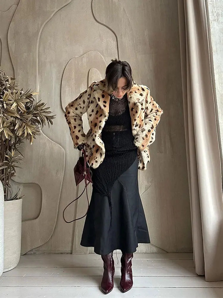 Aiertu  -  Women Fashion Leopard Print Faux Fur Warm Coat Chic Lapel Long Sleeves Single Breasted Casual Jacket Autumn Winter Lady Outwear Aiertu