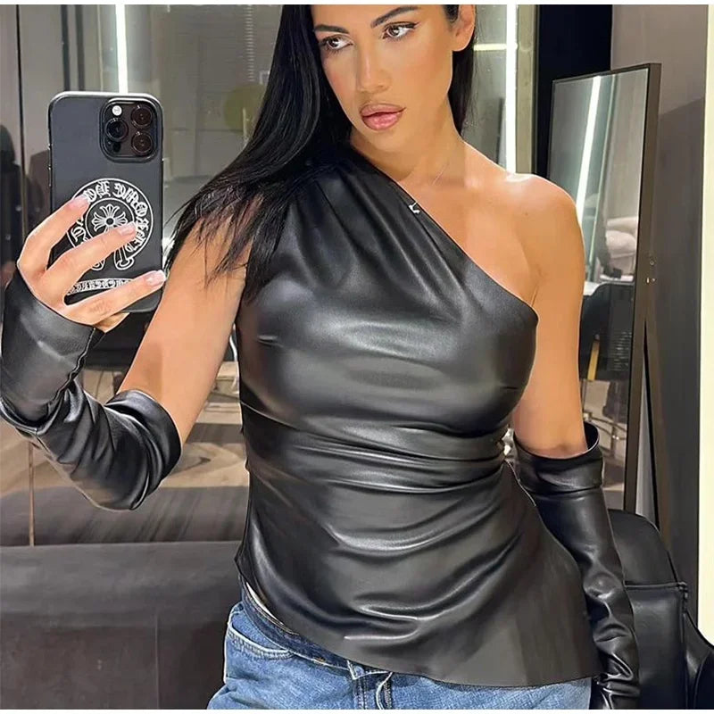 Aiertu     -  Fall Outfits 2026 Slim One Shoulder Leather Waistcoat With Gloves Women Sexy Sleeveless Irregular Vest 2026 Autumn New Lady Chic High Street Tops Aiertu