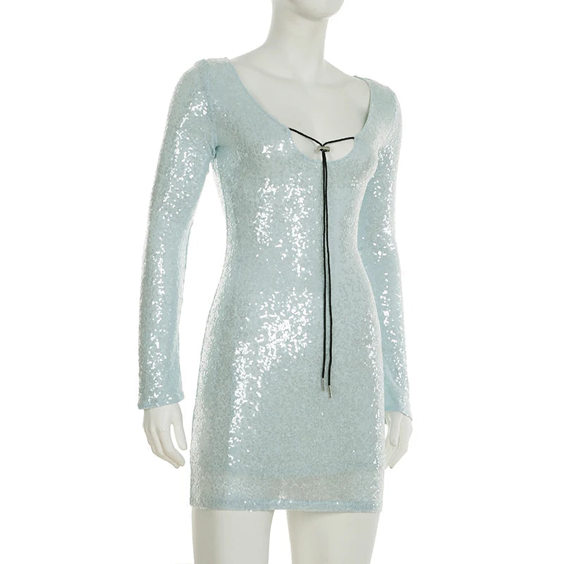 Aiertu  -  Clubwear Sexy Sparkle Glitter Sequined Bodycon Dress Party Dress Slim Solid Bandage Deep V-Neck Long Sleeve Mini Dresses Aiertu