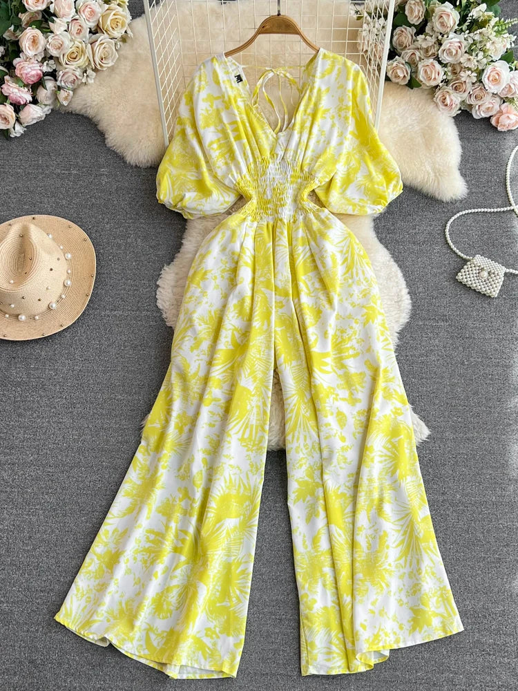Aiertu Summer Women Sexy V-Neck Puff Sleeve Printed Romper Female Black/Red/Blue/Yellow Wide Leg Jumpsuits Vacation Beach New Fashion Aiertu