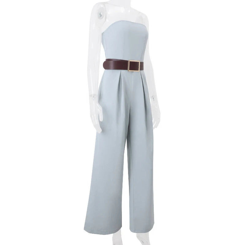 Aiertu  -  Temperament Women Strapless Rompers 2025 Spring Off-shoulder Backless High-waist Folds Jumpsuits Wide Leg Pants With Belted Aiertu