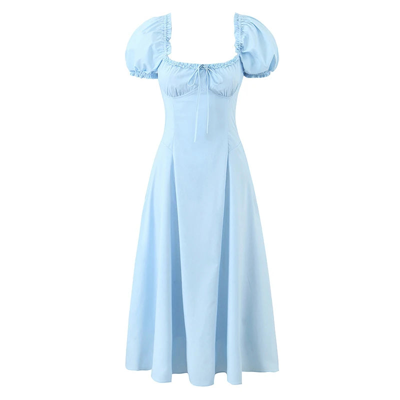 Aiertu  -  Sexy Off Shoulder Blue White Elegant Dress For Women Short Sleeve Lace Up Back A-line Midi Party Dresses Summer Robe Aiertu