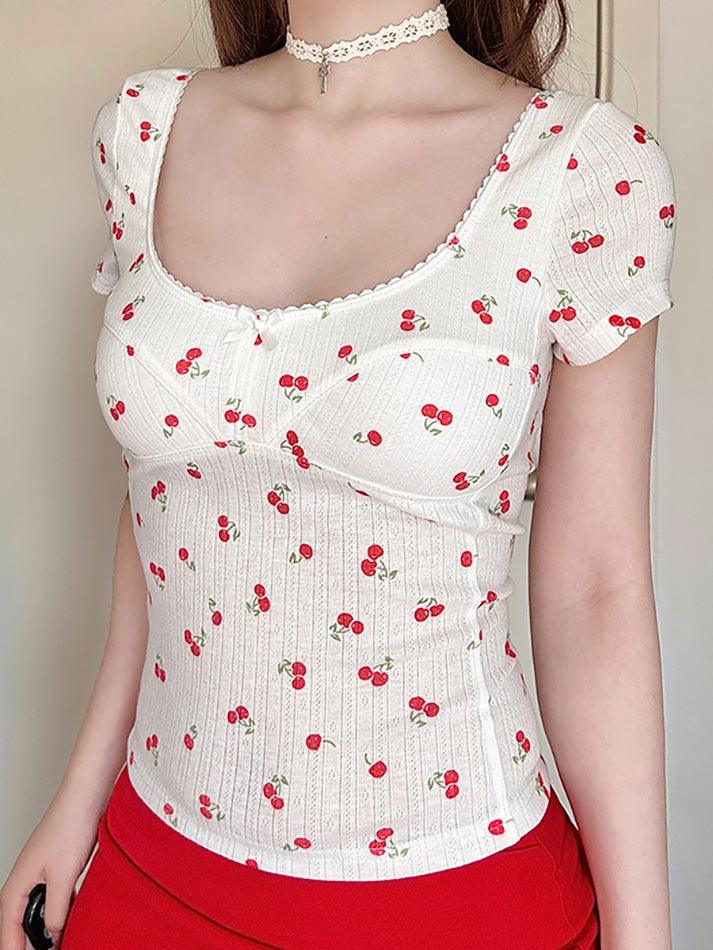 Aiertu  -  Cherry Print Bow U-Neck Crop Top Aiertu