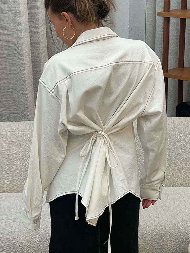Aiertu  -  Fashion Loose Women's Shirts Chic Backless Pleated Lace Up Long Sleeve Female T-shirt 2025 Spring Lapel Single Breasted Lady Top Aiertu