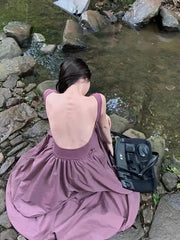 Aiertu  -  French pure desire sexy romantic large backless suspender dress female with bra summer seaside leisure long fake two-piece holid Aiertu