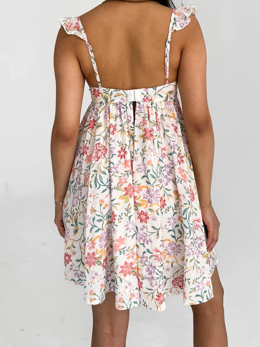 Aiertu  -  Women V-Neck Maxi Dress Sleeveless Ruffle Floral Print Boho Beach Dress Summer Casual Long Dress with Pockets Aiertu