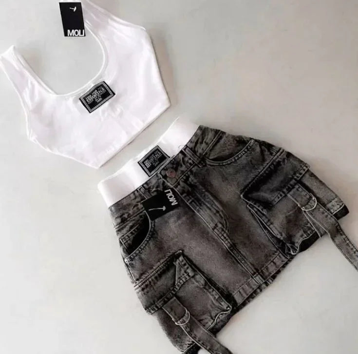 Aiertu  -  Harajuku Retro Style Sexy Hot Girl Two-piece Vest with Sweet Printed Low Waist Patchwork Slim Denim Short Skirt Y2K Aiertu