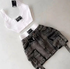 Aiertu  -  Harajuku Retro Style Sexy Hot Girl Two-piece Vest with Sweet Printed Low Waist Patchwork Slim Denim Short Skirt Y2K Aiertu