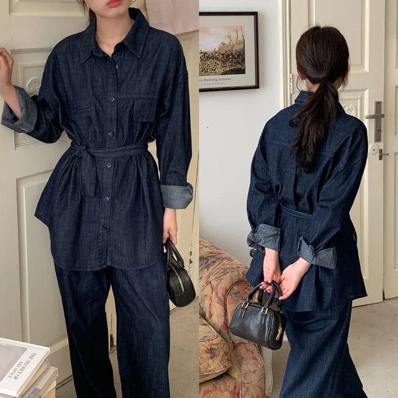 Aiertu  -  Sweet Hot Girl Suit Women's Autumn Lace-up Denim Single Breasted Shirt Loose Casual Pants Two-piece Set Fashion Female Clothes Aiertu