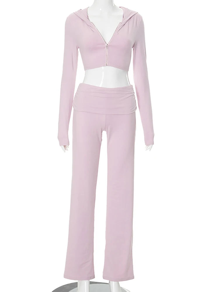 Aiertu  -   Autumn New Hooded Two Piece Sets Women Pant Suit Pink Long Sleeve Zipper Top Long Pant Female Casual Slim Pant Sets Aiertu