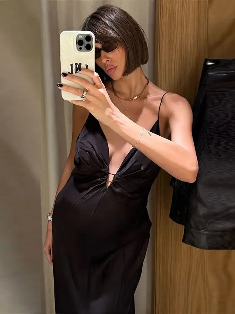 Aiertu  -  Deep V-neck Spaghetti Strap Midi Dress Women Sleeveless Backless Chic Zipper Lace Up Evening Dresses 2025 Summer Satin Robe Aiertu