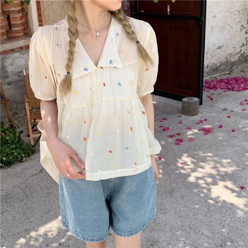 Aiertu Sweet Shirts Women Kawaii Cute Print V Neck Puff Short Sleeve Blouse Student Korean Fashion Embroidery Loose Casual Top Aiertu
