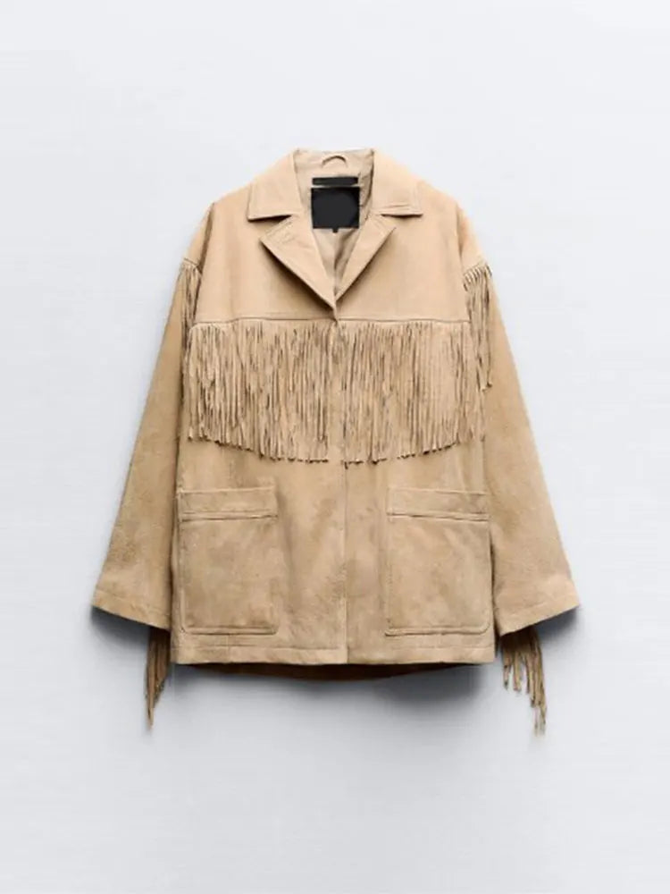 Aiertu  -  Fashion Tassel Patchwork Single-breasted Jacket Women Casual Lapel With Pockets Long Sleeve Coats Autumn New Lady Chic Outerwear Aiertu
