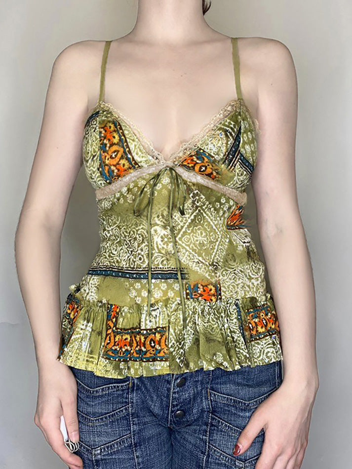 Aiertu  -Vintage Printed Lace Bow Tie Cami Top aiertu