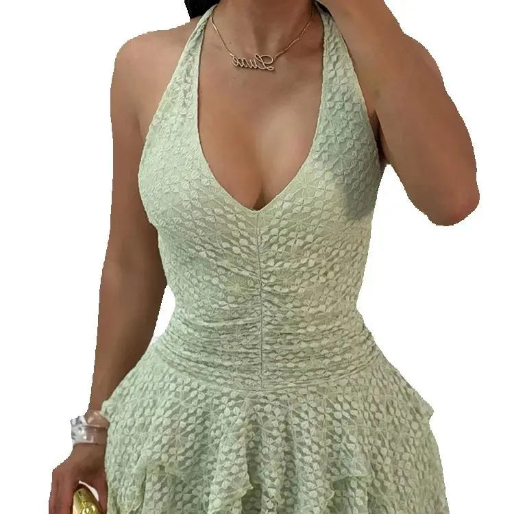 Aiertu  -  Halter Sexy Backless Mini Dress Women Low-Neck Irregular hem Mesh Patchwork Ruffles Midnight Club Party Trend Outfits Aiertu