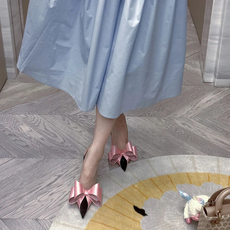 Aiertu  -  Bow Satin Stilettos New Women Point Toe Thin High Heel Slingbacks Elegant Sweet Pumps Sandals Shoes For Woman Aiertu