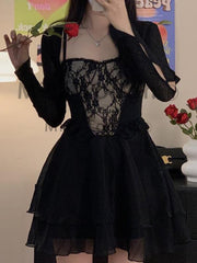 Aiertu Summer Black Chic Dress Women Lace Patchwork Sexy Party Mini Dresses Female Designer Korean Fashion Fluffy Elegant Dresses 2025 Aiertu