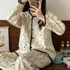 Aiertu  -  Autumn And Winter Air Sandwich Cotton Pajamas Women Cardigan Long Sleeve Trousers New Cartoon Sketch Rabbit Cute Homewear Sets Aiertu