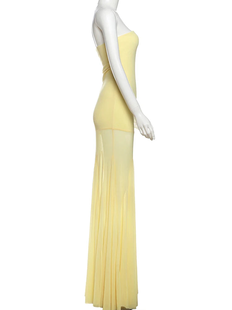 Aiertu  -  See Through Dress Women Patchwork Temperament Solid Pleated Strapless Sleeveless Backless Slim Banquet Party Vestidos Aiertu