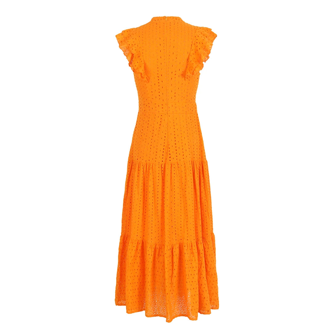Aiertu  Bohemian Solid Hollow Out Elegant Women Dress O Neck Flying Sleeve Button Long Dress Summer Chic Casual Beach Women Clothing Aiertu