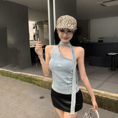 Aiertu  -  Hot Girl Denim Vest For Women Diagonal Neck One Shoulder Sleeveless Retro Tight Y2k Tank Tops Lady Coquette Gyaru Sexy Camisole Aiertu