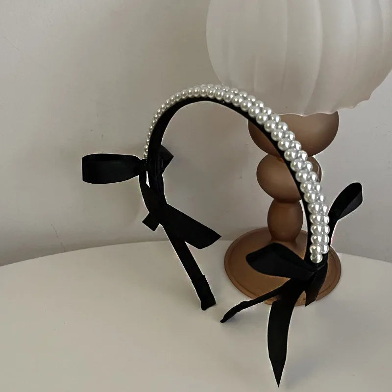 Aiertu Vintage French Pearls Bow Hair Band for Women Girls Autumn Winter Korean Elegant Black Classic Hair hoop Hair Jewelry Aiertu