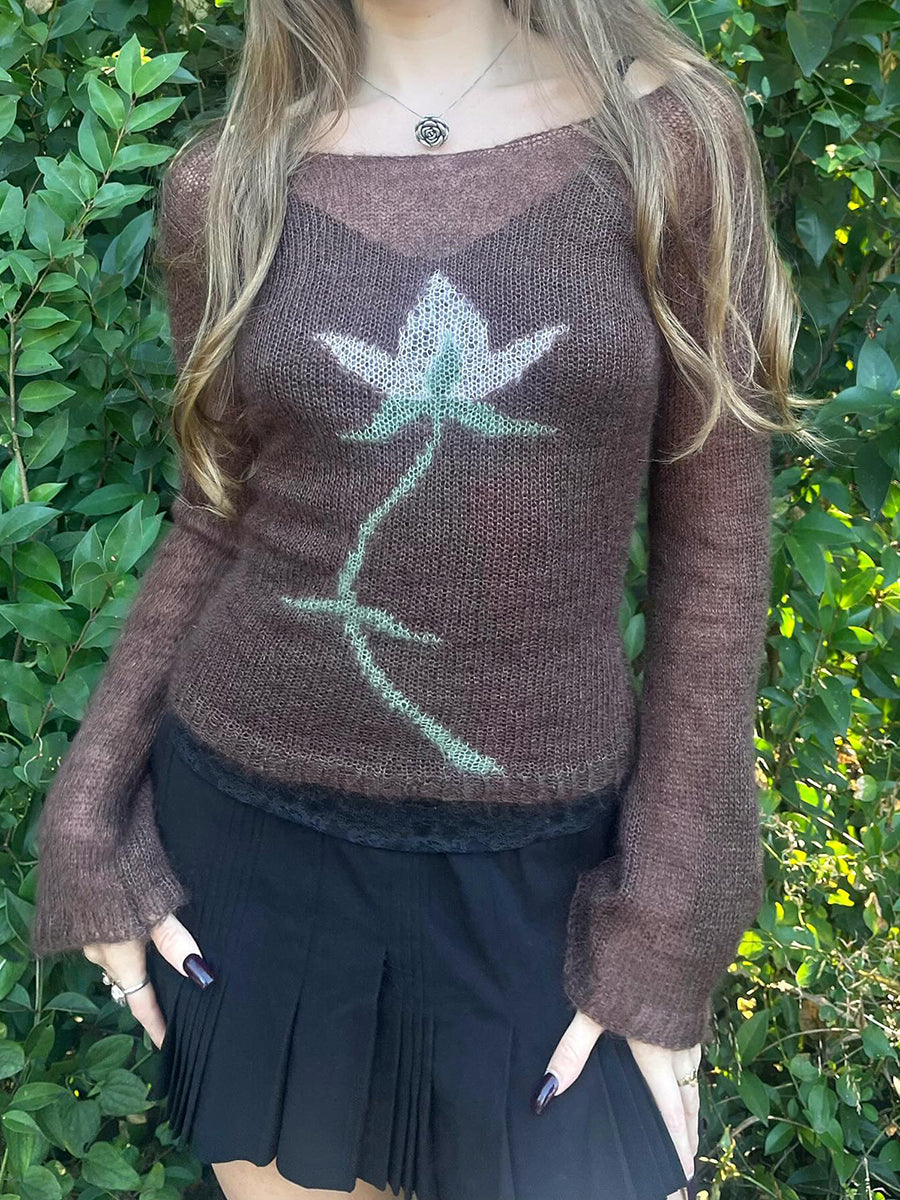 Aiertu  -  Vintage Y2K Knitted Sweater Flower Aesthetics Graphic Print Pullover Tops Long Sleeve Slim 2000s Harajuku Sweater Top Streetwear Aiertu