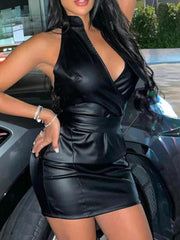 Aiertu Sexy PU Leather V Neck Low-cut Girdling Waist Slim Bodycon Dress Women Sleeveless Backless Skinny Evening Dress Club Party Aiertu