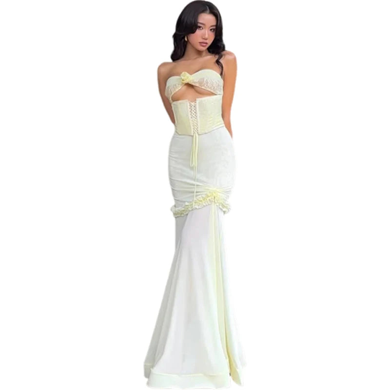 Aiertu  -  Hollow Sexy Patchwork Mesh Fishtail Dress Women Ruffles Bandage Elegant Temperament Vacation Birthday Party Vestidos Aiertu