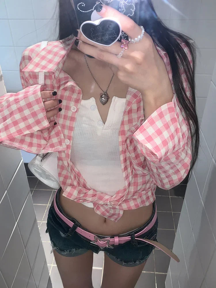 Aiertu  -  Y2k Pink Plaid Women Shirts Check Graphic Long Sleeve Blouses Female Spring Autumn Sexy Slim Button Up Cardigan Chic Ins Aiertu