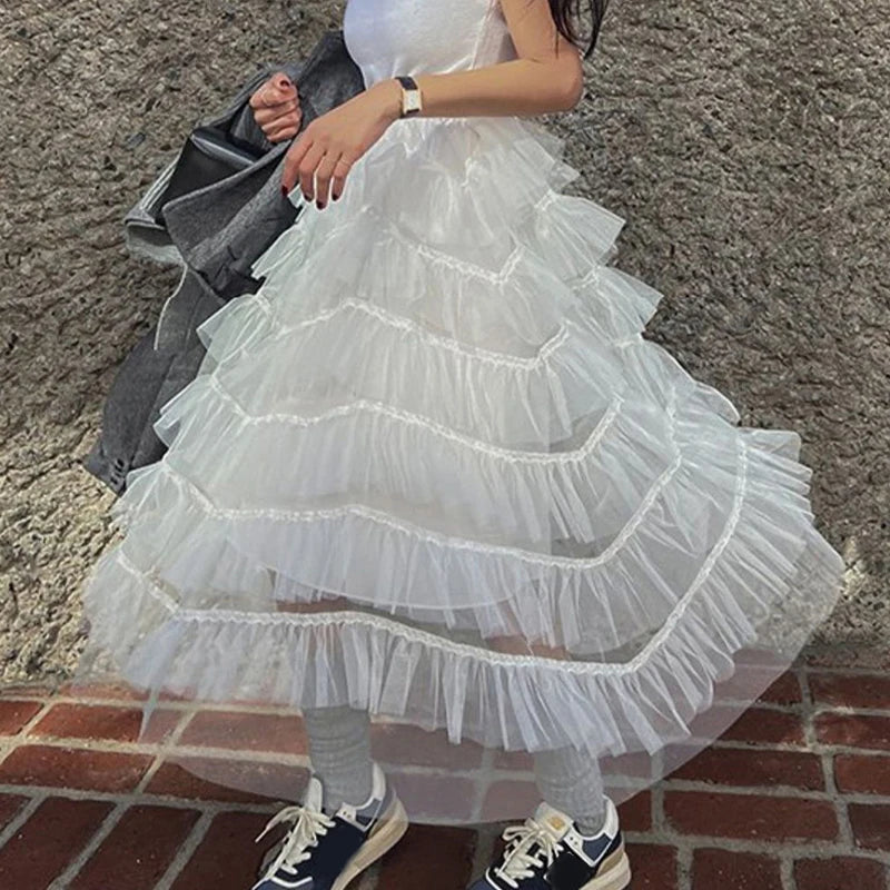 Aiertu  -  Perspective Splicing Lotus Leaf Edge Faldas Mujer Moda Korean Fashion Clothing Midi Skirt Jupe Long Pleated Mesh Skirts Vintage Aiertu