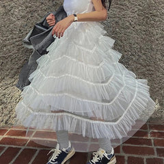 Aiertu  -  Perspective Splicing Lotus Leaf Edge Faldas Mujer Moda Korean Fashion Clothing Midi Skirt Jupe Long Pleated Mesh Skirts Vintage Aiertu