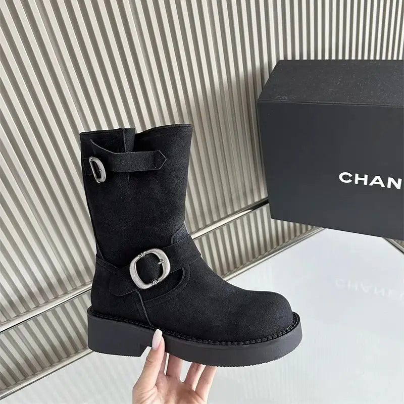 Aiertu    -  Black Ankle Boots For Woman Round Toe Chunky Heels Short Shoes Comforts Platforms Boots Belt Buckle Fall Shoes Botas De Mujer Aiertu