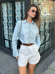 Aiertu  -  Single Breasted Sky Blue Short Shirt Women Long Sleeve Turn Down Collar Cotton Crop Top Blusa Mujer New Autumn Spring Aiertu