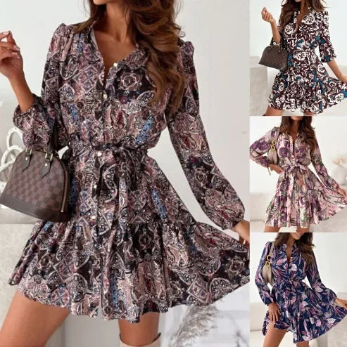 Aiertu  -  Autumn New V-neck Printed Long-sleeved Dress Lace-up Ruffle Edge Splicing Shirt Skirt Aiertu