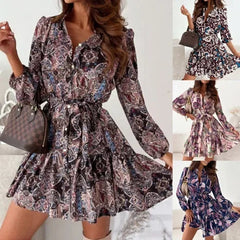 Aiertu  -  Autumn New V-neck Printed Long-sleeved Dress Lace-up Ruffle Edge Splicing Shirt Skirt Aiertu